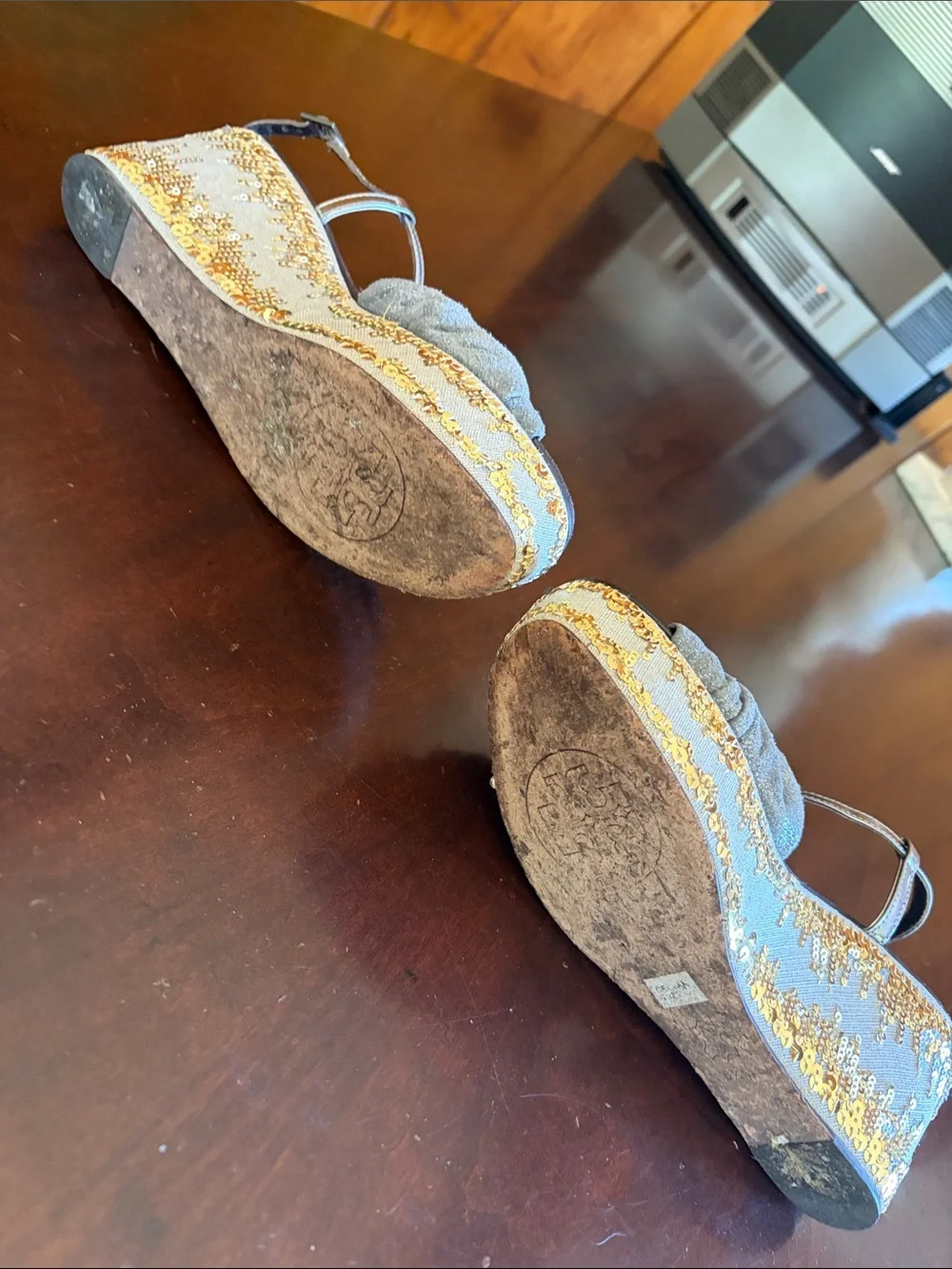 Tory Burch Gray Bow T-Strap Platform Sandals with Gold Trim